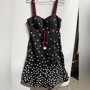 #3023-R&K Strapless Black Dress with White Polka Dots and Red Accents
